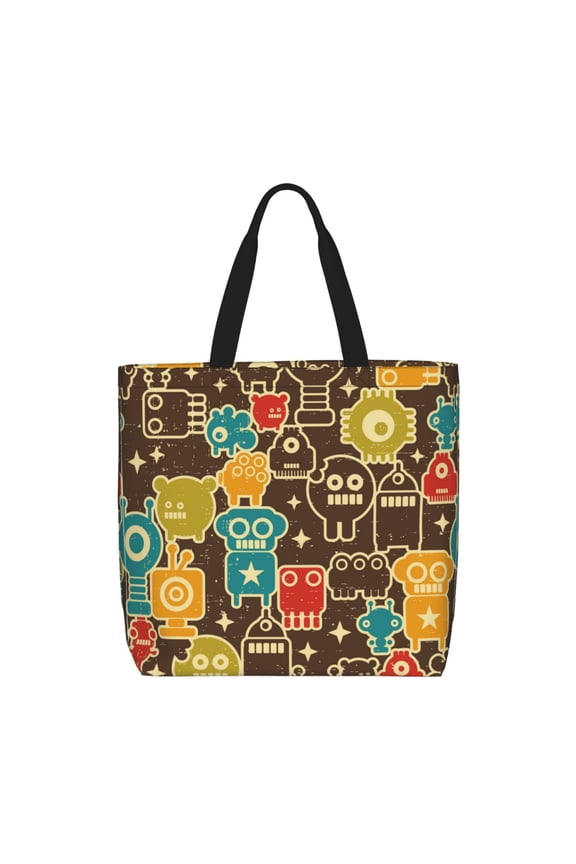 Robot and Monsters Print Tote Bag, Reusable Grocery Shopping Bag,Shoulder Bag with Inner Pocket