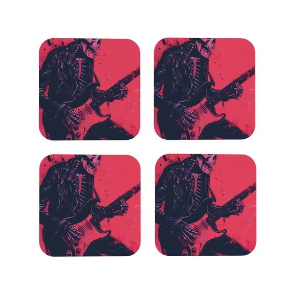 Honeii Rock Skull Guitarist Print Leather Coaster Set of 4, Ideal for Safeguarding Your Furniture from Drinks Spills and Effortless Cleanup-Square