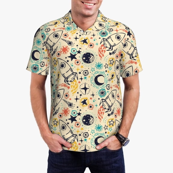 Honeii Rockets print Polo Shirt, a classic short-sleeved, button-down golf shirt designed for menLarge