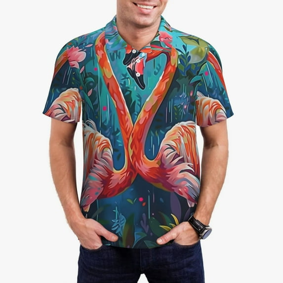 Honeii Romantic Flamingo Pair Print Polo Shirt, A Classic Short-Sleeved, Button-Down Golf Shirt for Men,Mens Polo Shirts Short Sleeve-XX-Large