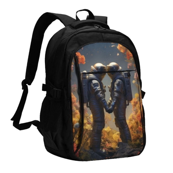 Honeii Romantic Flower Astronaut Couple for Travel Laptop Backpack, Business Laptops Backpack with USB Charging Port, College High School Computer Bag for Men Women