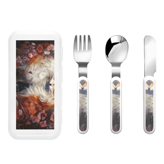 Honeii Romantic Flower Fox Couple Print Children's Knife, Fork And Spoon Set,Reusable Utensils Set with Case,Travel Cutlery Set,for Kids Adults Camping