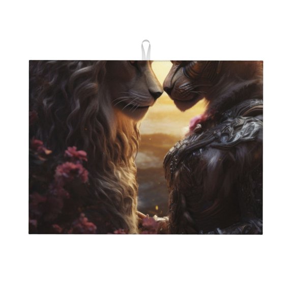 Honeii Romantic Flower Lion Couple print Super Absorbent Coffee Bar Mat Hide Stain Coffee Maker Mat for Countertops Coffee Pot Dish Drying Mat for Kitchen Counter