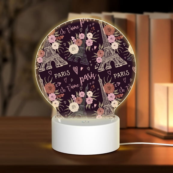 Honeii Romantic Paris Print Acrylic LED Night Lamp,Round Touch-Control Night Light with 3 Lighting Modes,for Bedrooms, Living Rooms, and Gifting