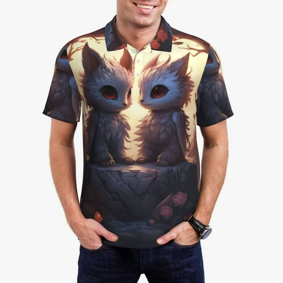 Honeii Romantic Rose Animal Couple print Polo Shirt, a classic short-sleeved, button-down golf shirt designed for menXX-Large