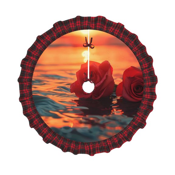 Honeii Romantic Roses Sunset Ocean Pattern Christmas Tree Skirt, Christmas Ribbon Holly Winter Holiday Tree Mat Decoration-48"