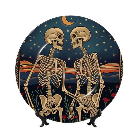 Honeii Romantic Skeletons Under Moon Print Elegant Bone China Decorative Plate, Porcelain Plate,Art Crafts,Ceramic Ornaments for Home Office Wall Decor-6in