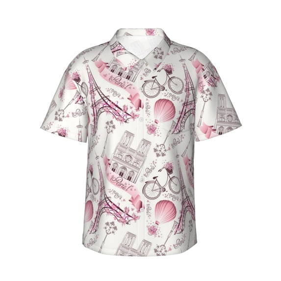 Honeii Romantic Travel In Paris Print Men’s Hawaiian Shirt,Classic Button-Down Short Sleeve Shirt, for Beach, Vacation, and Outdoor Activities,X-Large