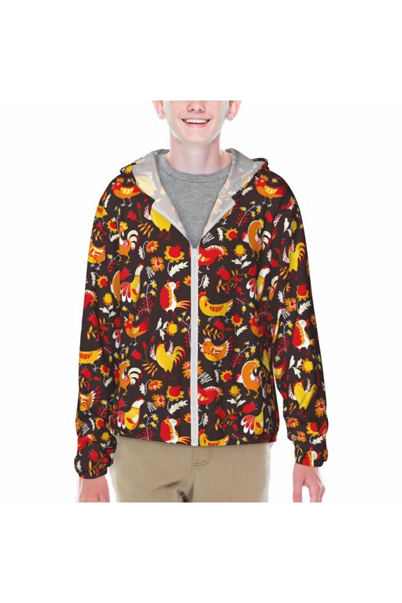 Roosters Print Sun Protection Jacket Hooded Cooling Shirt with Pockets Hiking Outdoor Performance-Small