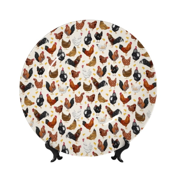 Honeii Roosters and Chickens Print Elegant Bone China Decorative Plate, Porcelain Plate,Art Crafts,Ceramic Ornaments for Home Office Wall Decor-6in
