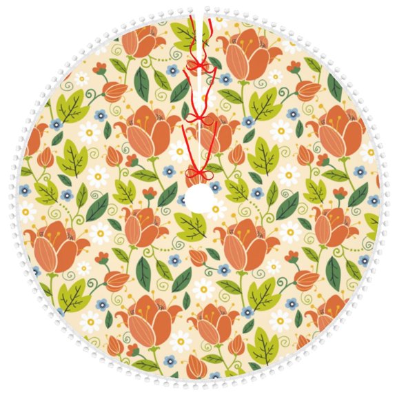 Honeii Rose Daisy Print Christmas Tree Skirt with Pom Pom Tree Skirt Christmas Tree Mat Plush Xmas Tree Skirt for Decorations Holiday Party-