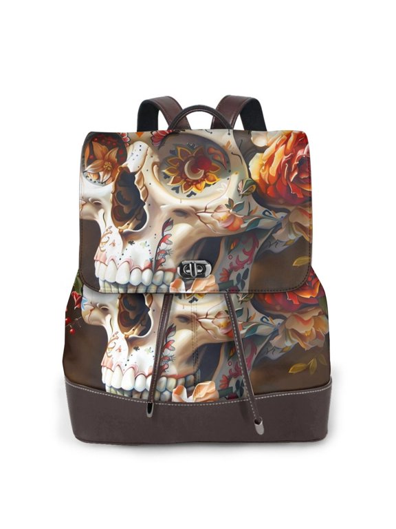 Rose Floral Skull rint Leather Backpack,Trendy Leather Backpack,PU Leather Daypack, Ideal for Work, School, Nurse, College & Travel
