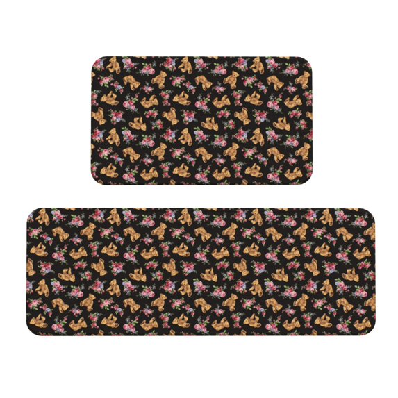 Honeii Rose Flower Bear Print Kitchen Mat [2 PCS] for Floor, Waterproof Non-Slip Rugs, Kitchen Decor,Standing Mat for Floor,Office, Sink, Laundry
