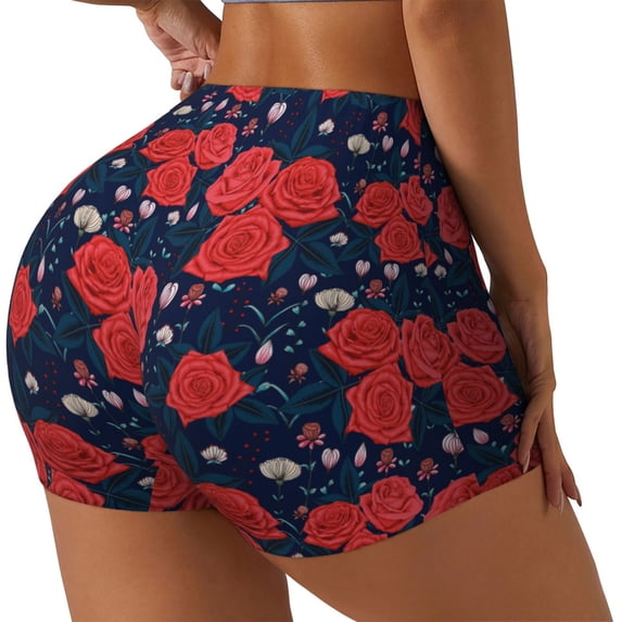 Honeii Rose Flower Print Women's Workout Shorts, Gym Shorts for Active Wear, Sports Shorts,Women's Running Shorts,Quick Dry Athletic Shorts-XX-Large