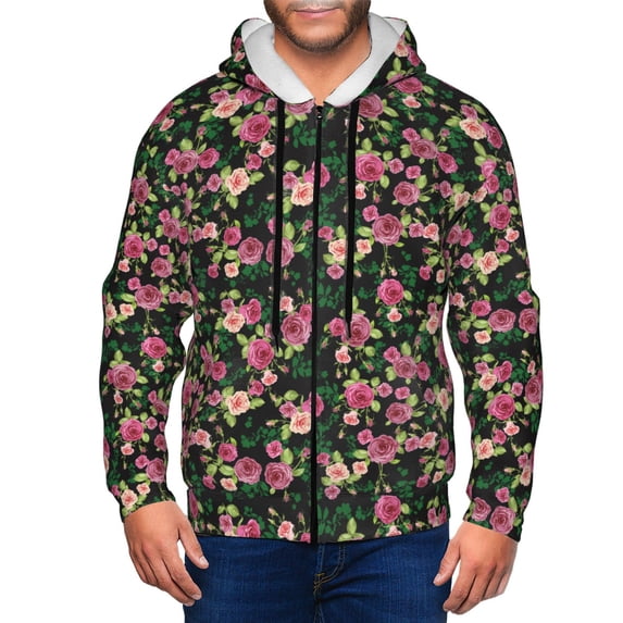 Honeii Rose Flowers Print Hoodies for Men, Pullover & Full Zip, Breathable Zip up Hoodie, Sweatshirt-X-Large