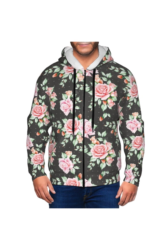 Rose Flowers Print Hoodies for Men, Pullover & Full Zip, Breathable Zip up Hoodie, Sweatshirt-XX-Large