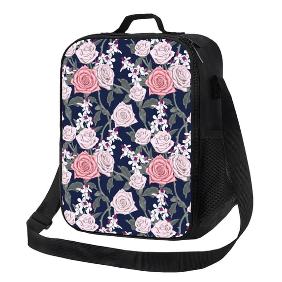 Honeii Rose Flowers Print Insulated Lunch Bag, Reusable Lunch Box for Adult, Leakproof Cooler Bag for Work Office Travel Picnic