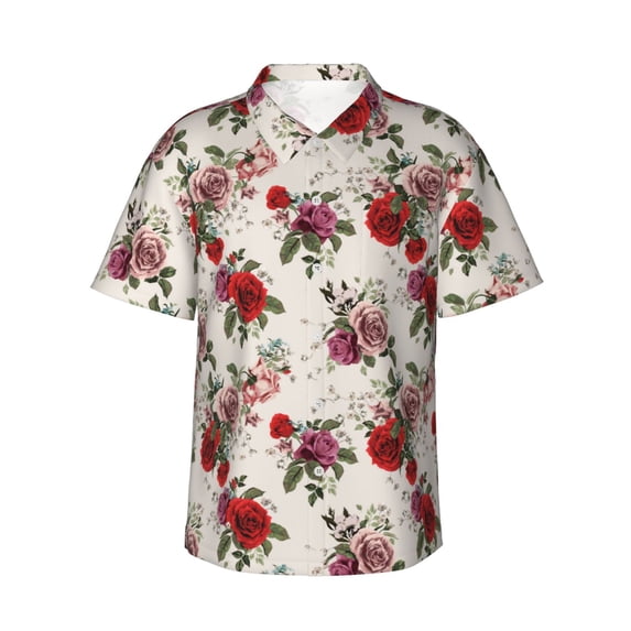 Honeii Rose Flowers Print Men’s Hawaiian Shirt,Classic Button-Down Short Sleeve Shirt, for Beach, Vacation, and Outdoor Activities,Small