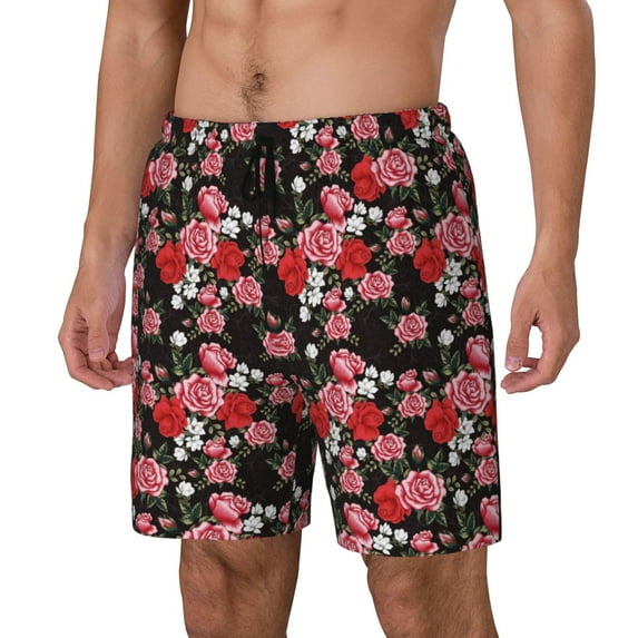 Honeii Rose Flowers Print Men's Swim Shorts,Mens Swim Trunks,Breathable Mesh Beach Shorts for Swimming,Surfing, and Beach Activities-XX-Large