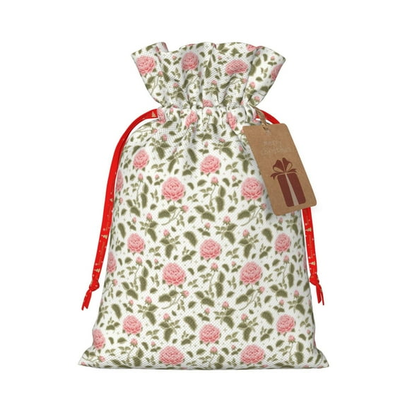 Honeii Rose Flowers Print Small Burlap Bags,Christmas Drawstring Treat Bags Gift Bags Reusable Candy Goodie Wrapping Bags for Holiday Party Favors Supplies -Medium