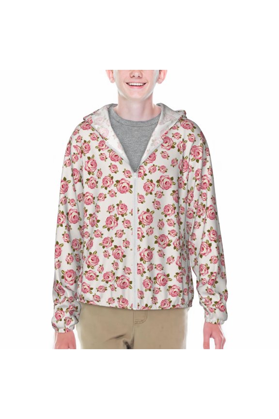 Rose Flowers Print Sun Protection Jacket Hooded Cooling Shirt with Pockets Hiking Outdoor Performance-Small