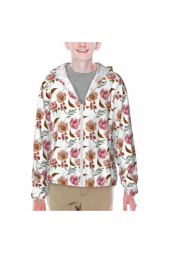 Rose Flowers Print Sun Protection Jacket Hooded Cooling Shirt with Pockets Hiking Outdoor Performance-Small