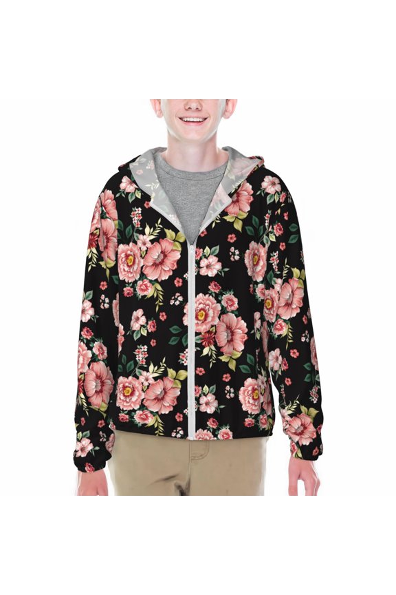 Rose Flowers Print Sun Protection Jacket Hooded Cooling Shirt with Pockets Hiking Outdoor Performance-Small