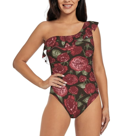 Honeii Rose Flowers for women's one-piece swimsuit featuring a chic one-shoulder design experience elegance and style in the water-Large