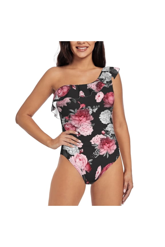 Rose Flowers for women's one-piece swimsuit featuring a chic one-shoulder design experience elegance and style in the water-Large