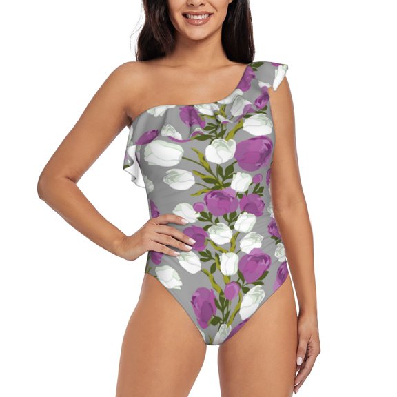Honeii Rose Flowers for women's one-piece swimsuit featuring a chic one-shoulder design experience elegance and style in the water-Small