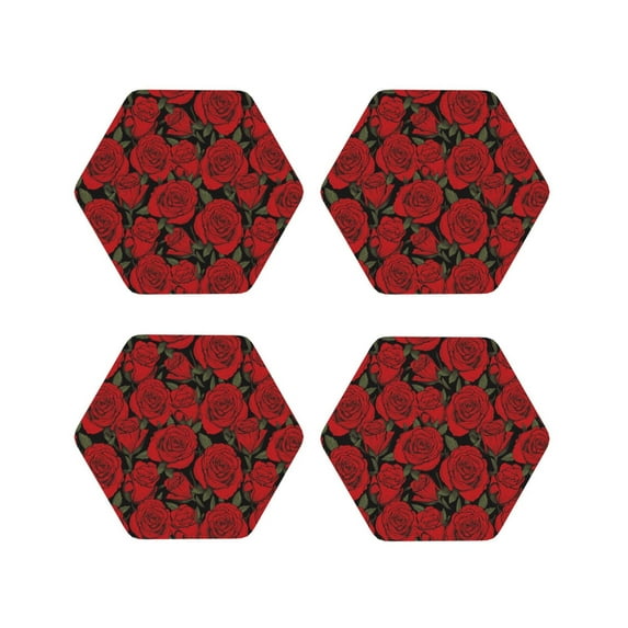 Honeii Rose Flowers print Leather Coaster Set of 4, ideal for safeguarding your furniture from drinks spills and effortless cleanup-Hexagon