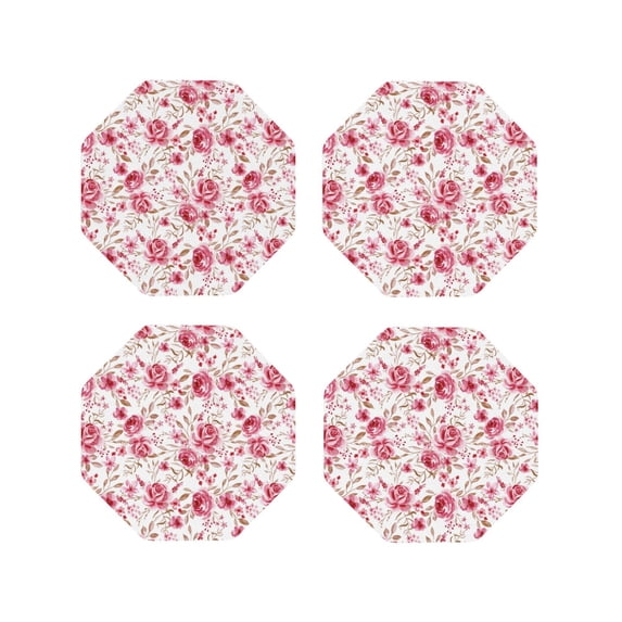 Honeii Rose Flowers print Leather Coaster Set of 4, ideal for safeguarding your furniture from drinks spills and effortless cleanup-Octagon