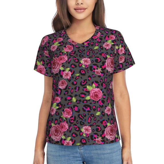 Honeii Rose Mix Leopard 2 Print Women's Classic V-Neck T-Shirt,Womens Fashion Tops,Stylish Everyday Top for Women, Casual Summer Spring Outfits Clothes-3X-Large