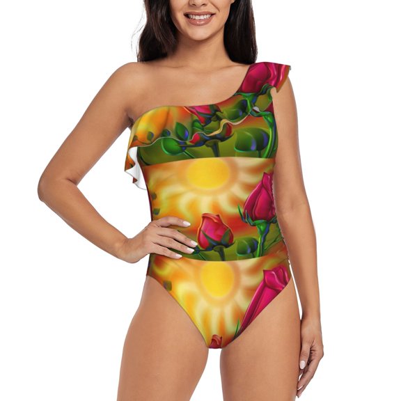 Honeii Rose Psychedelic for women's one-piece swimsuit featuring a chic one-shoulder design experience elegance and style in the water-XX-Large