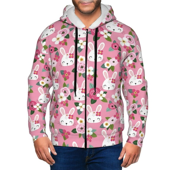 Honeii Rose Rabbit Print Hoodies for Men, Pullover & Full Zip, Breathable Zip up Hoodie, Sweatshirt-3X-Large