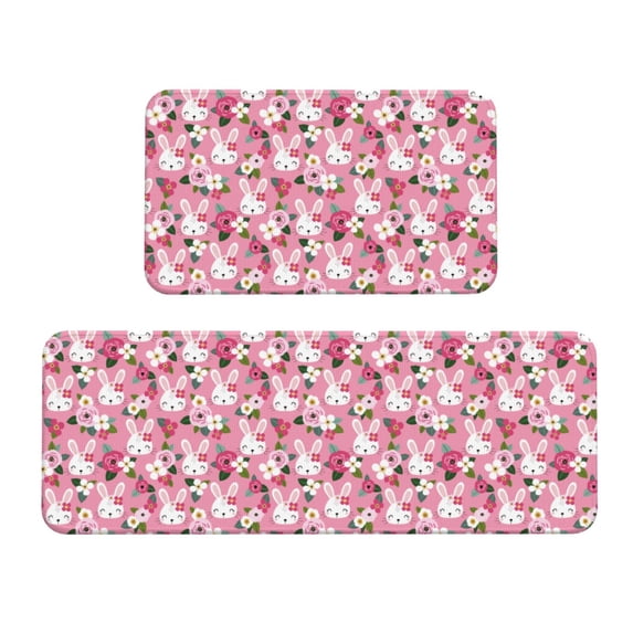 Honeii Rose Rabbit Print Kitchen Mat [2 PCS] for Floor, Waterproof Non-Slip Rugs, Kitchen Decor,Standing Mat for Floor,Office, Sink, Laundry