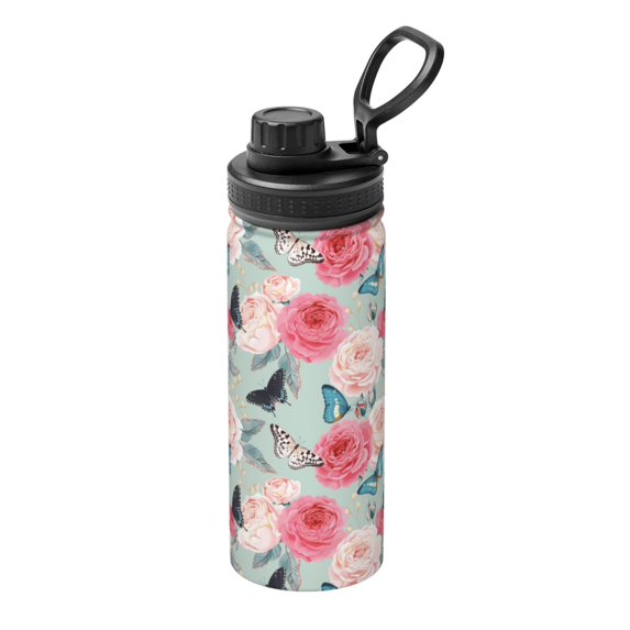 Honeii Roses and Butterflies Print 18OZ Sports Insulated Kettle,Double-Walled Stainless Steel Water Bottle with Leak-Proof Lid, Perfect for Outdoor, Sports, and Travel