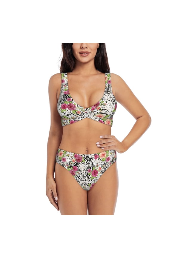 Roses Mixed Zebra Print Women’s Bikini Set,Two Piece Swimsuit Bathing Suits,Stylish High Elasticity Swimwear for Beach and Pool
