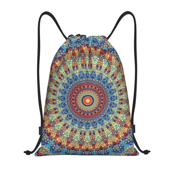 Honeii Round Mandala Print Drawstring Backpack,Drawstring Bags String Backpack Gym Cinch Sack Backpack Sport Bag Draw-Small