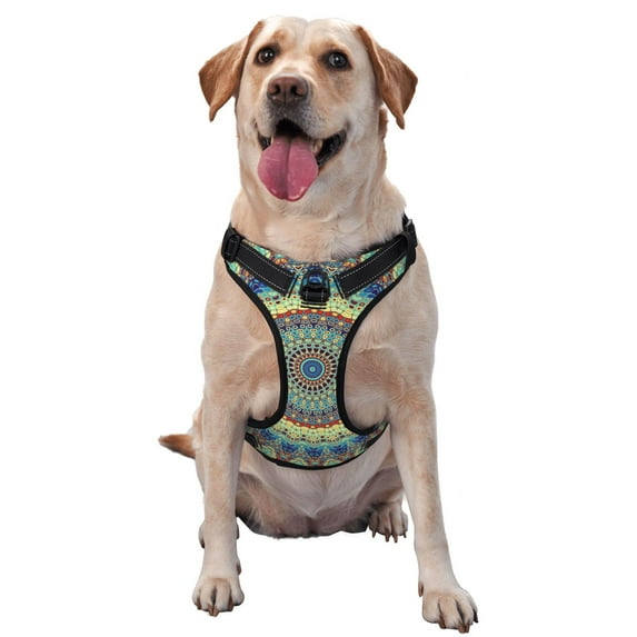 Honeii Round Mandala1 for Dog Harness: a three-buckle adjustable vest featuring an instant control handle and reflective design for easy, medium-sized dogs-Large