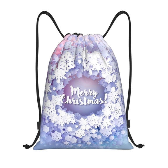 Honeii Round Snow Merry Christmas Print Drawstring Backpack,Drawstring Bags String Backpack Gym Cinch Sack Backpack Sport Bag Draw-Small