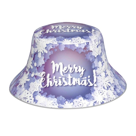 Honeii Round Snow Merry Christmas Winter Snowflakes for Unisex Bucket Hat Waterproof Rain Hat Reversible Shiny Rave Bucket Hat for Concert Festival Boonie Cap