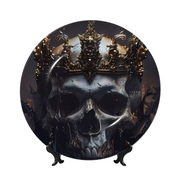 Honeii Royal Skull With Golden Crown Print Elegant Bone China Decorative Plate, Porcelain Plate,Art Crafts,Ceramic Ornaments for Home Office Wall Decor-10in