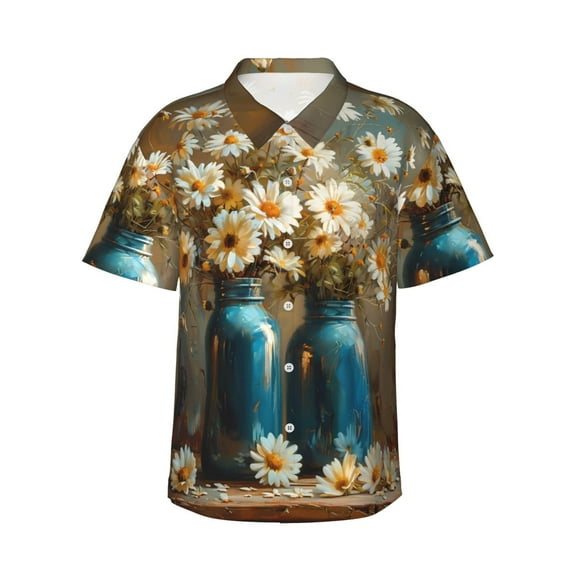 Honeii Rustic Daisy Mason Jars Print Men’s Hawaiian Shirt,Classic Button-Down Short Sleeve Shirt, for Beach, Vacation, and Outdoor Activities,Small