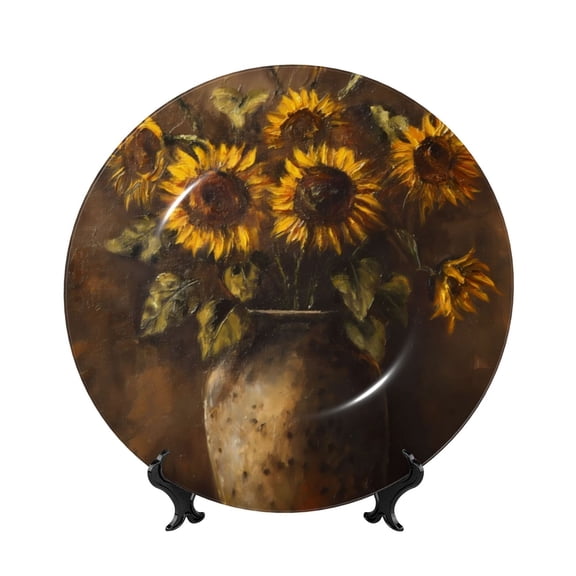 Honeii Rustic Sunflower Bouquet Print Elegant Bone China Decorative Plate, Porcelain Plate,Art Crafts,Ceramic Ornaments for Home Office Wall Decor-10in