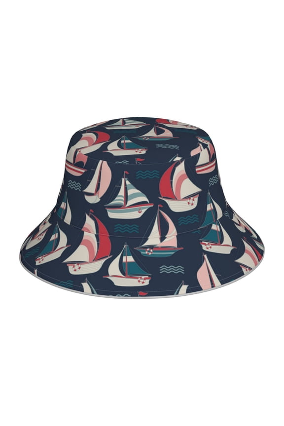Sailboat And Wave for Unisex Bucket Hat Waterproof Rain Hat Reversible Shiny Rave Bucket Hat for Concert Festival Boonie Cap
