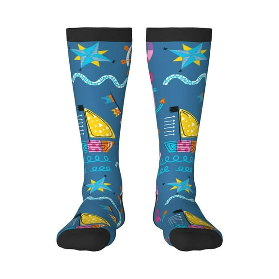 Honeii Sailboat With Sailing Print Long Socks,Novelty Design Socks Gift for Men and Women,Crew Socks,Calf Socks