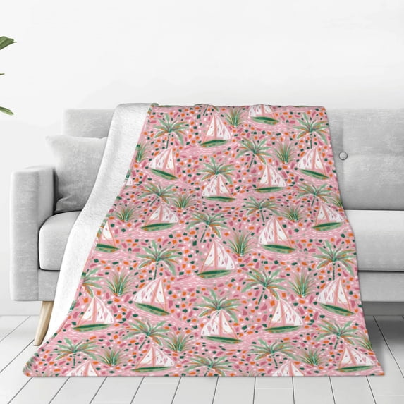 Honeii Sailboats And Palm Tree Print Fleece Blanket - Throw Blanket for Bed, Sofa, Couch, Camping, and Travel , Microplush Ultra Soft Warm Blanket-50"x40"