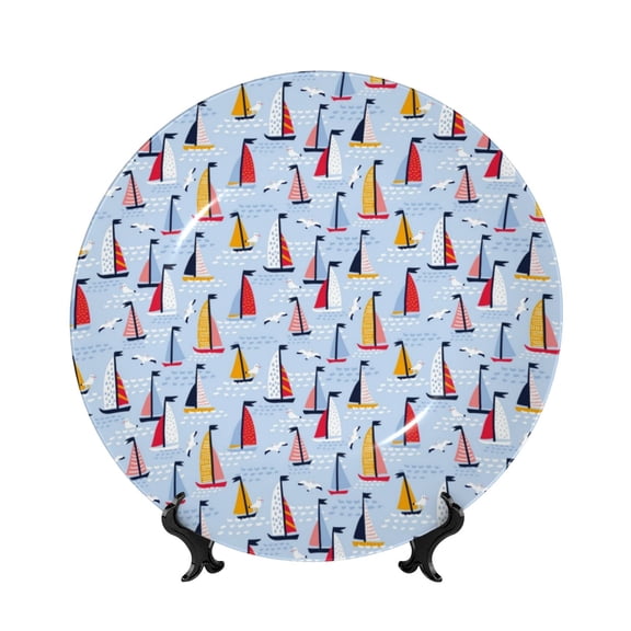 Honeii Sailboats And Seagulls Print Elegant Bone China Decorative Plate, Porcelain Plate,Art Crafts,Ceramic Ornaments for Home Office Wall Decor-6in