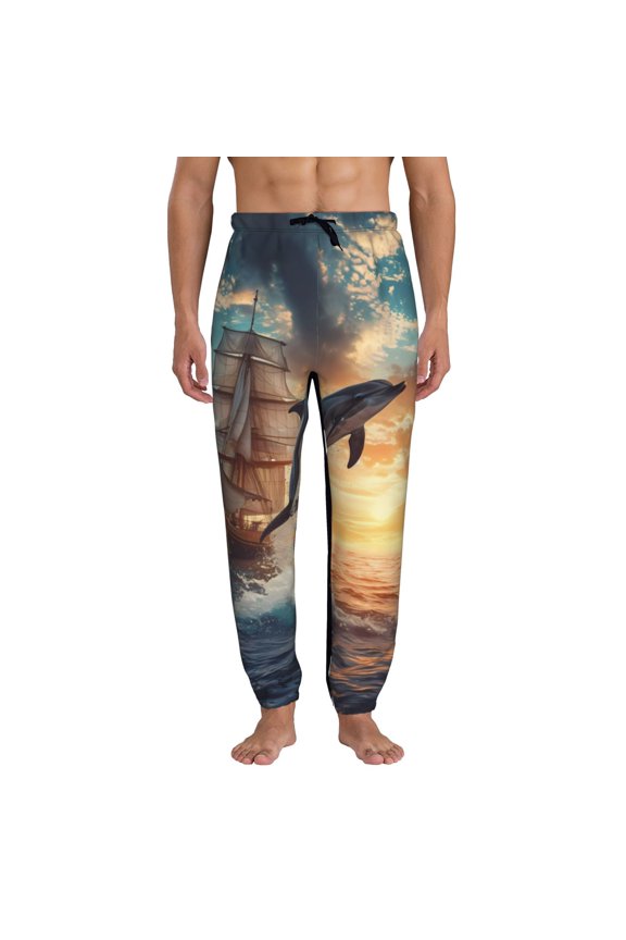 Sailing Dancing Dolphin Print Mens Jogger Sweatpants, Men's Lounge Pants with Pockets-Large
